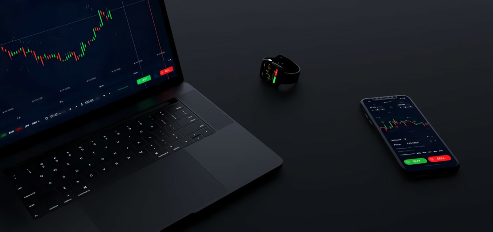 Setup de trading — portátil, relógio e telemóvel com gráficos
